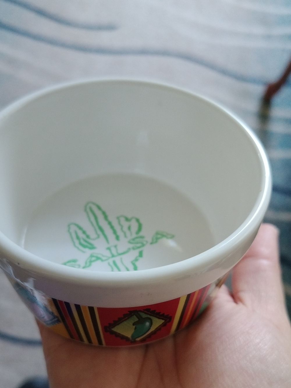 White Ceramic Salsa Bowl with Green Cactus Detail and Multicolor Stripe